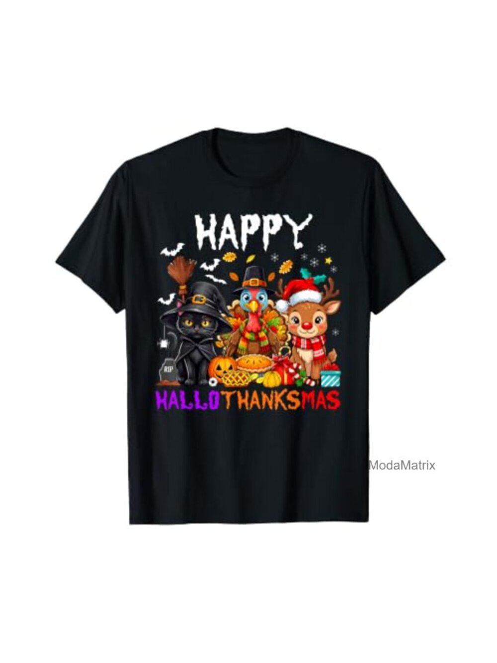 HalloThanksMas Holiday Graphic T-Shirt Lightweight Classic Fit Short Sleeve